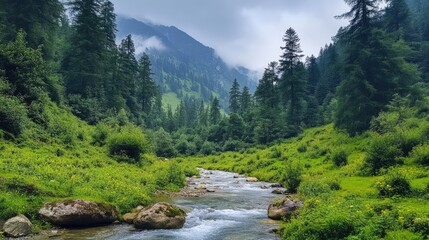 Obraz premium Mountain landscape with lush greenery and a serene stream flowing through a picturesque valley under a cloudy sky