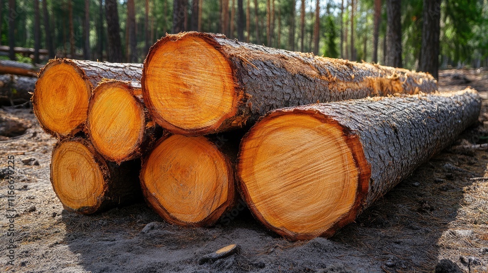 Poster Sawn tree trunks lying in a forest surrounded by conifer branches and twigs showcasing nature's timber resources and forestry management