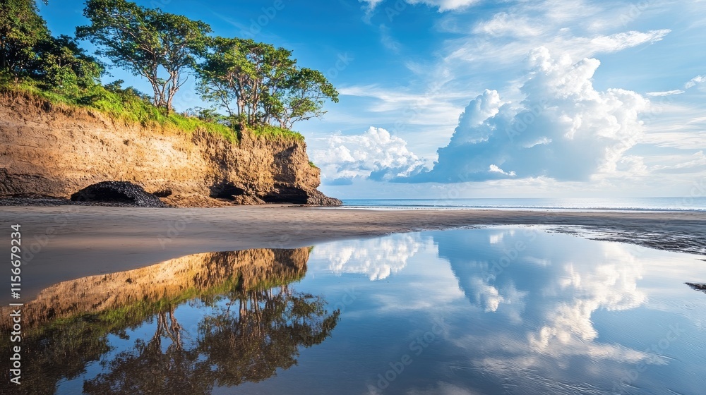 Poster clifftop trees beautifully reflected in calm water on a sandy beach under a serene sky with fluffy c