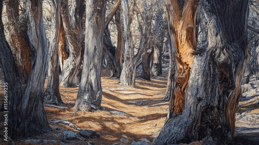 Poster ancient tree trunks in a serene forest showcasing intricate textures and natural shadows on the fore