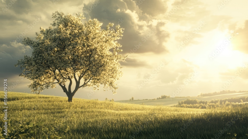 Poster serene landscape with lone tree in a field under a cloudy sky and warm sunlight approaching sunset t