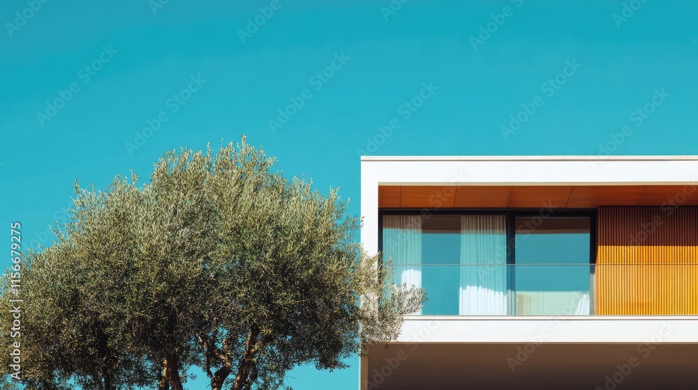 Aufkleber modern house with large windows surrounded by trees under a clear blue sky on a sunny day showcasing