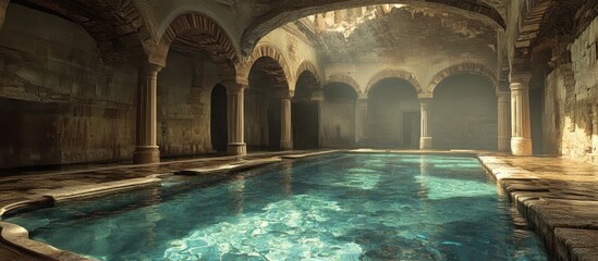 Historic Turkish Roman Baths Interior with Natural Light and Reflective Water Surface