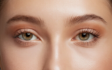 Obraz premium Close-Up of Woman's Light Brown Eyes, Clear and Calm Expression, Long Defined Eyelashes with Mascara, Smooth Skin, Subtle Makeup with Eyeshadow and Eyeliner, Elegant and Detailed Eye Portrait
