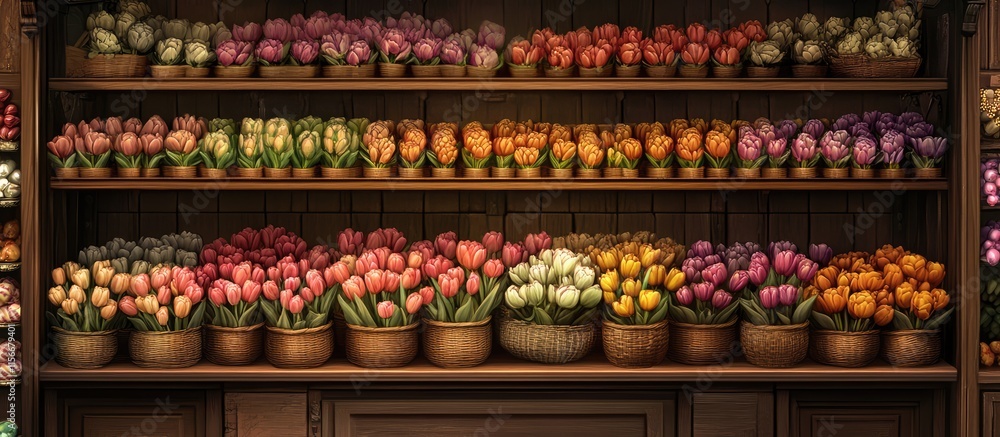 Poster colorful tulip arrangements in decorative pots displayed on rustic wooden shelves in a charming stor