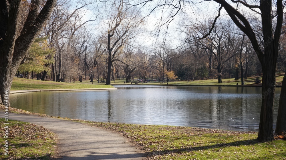 Poster scenic view of trees reflecting in a serene pond surrounded by a tranquil park pathway on a sunny da