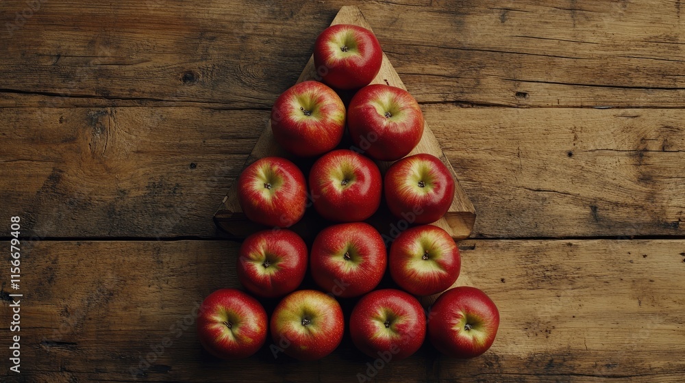 Poster Arrangement of red apples in a triangle shape on a rustic wooden surface creating a vibrant and natural display.