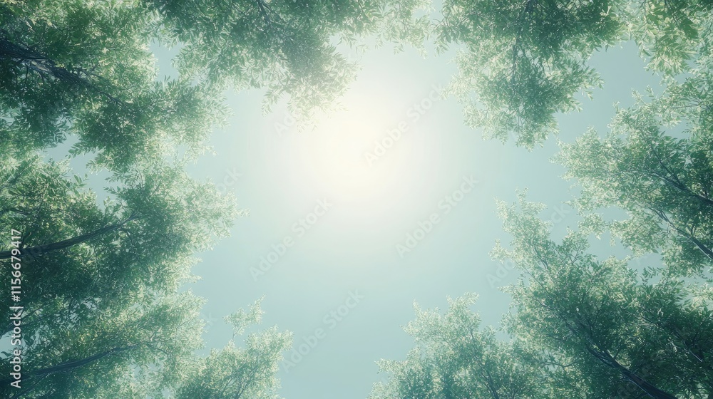 Poster sunlit treetops framing a clear sky in a serene forest setting showcasing natural textures and vibra