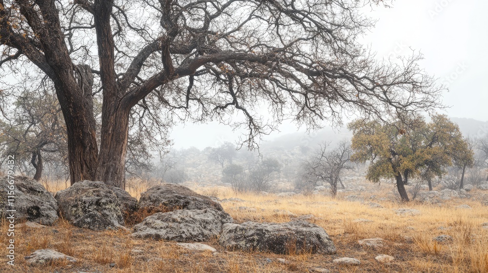 Poster foggy spring landscape with barren trees and dry grass in a meadow creating a serene atmosphere for 