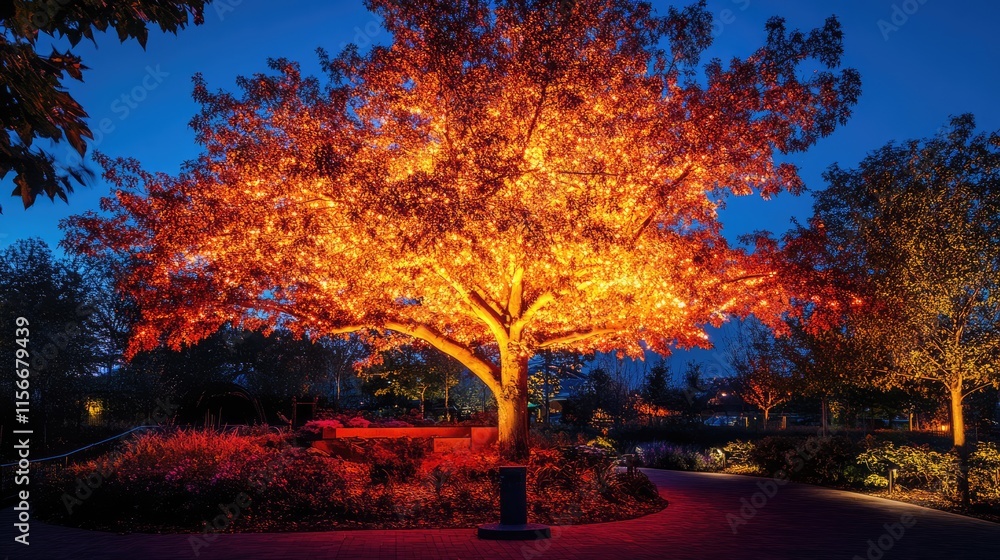 Poster illuminated tree in park showcasing vibrant autumn colors against a twilight sky creating a warm and