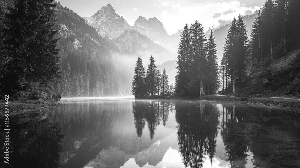 Poster serene black and white landscape of majestic mountains with trees reflecting in a calm lake creating