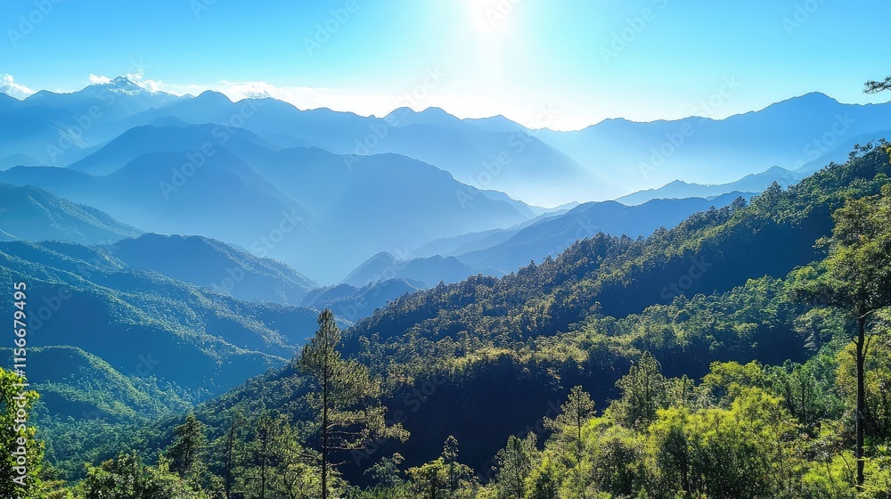 Poster scenic mountain landscape with lush forests and sunlight rays in a serene wilderness setting