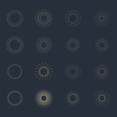 Vintage sunburst set collection. Logotype or lettering hand drawn design element. Bursting golden sun rays sunrise firework starburst blast burst sunset star. Radial sunset beams. Vector illustration.