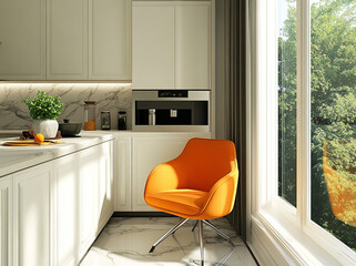 Modern kitchen design featuring bright orange chair and natural light.