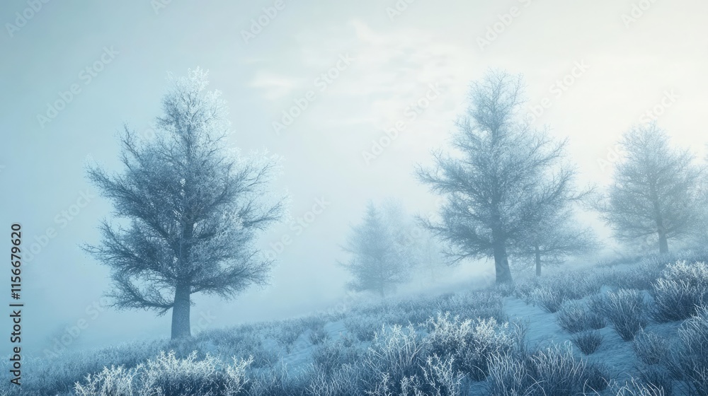 Poster Foggy winter landscape with frosted trees and soft light creating a serene atmosphere on a chilly morning