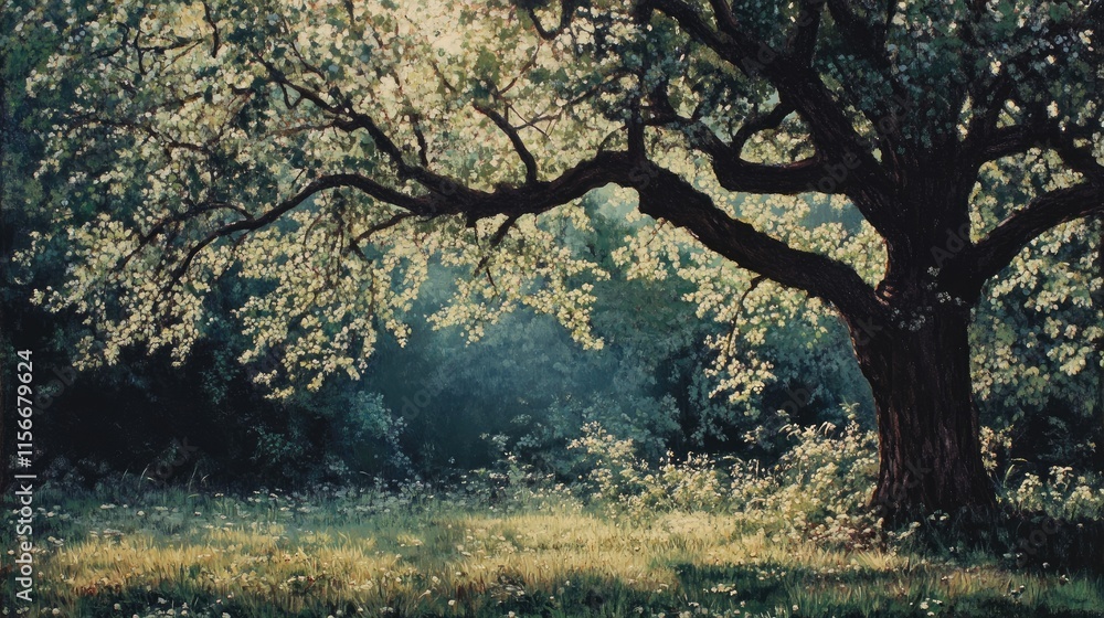 Aufkleber ornamental trees in sunlit forest glade creating a serene natural atmosphere