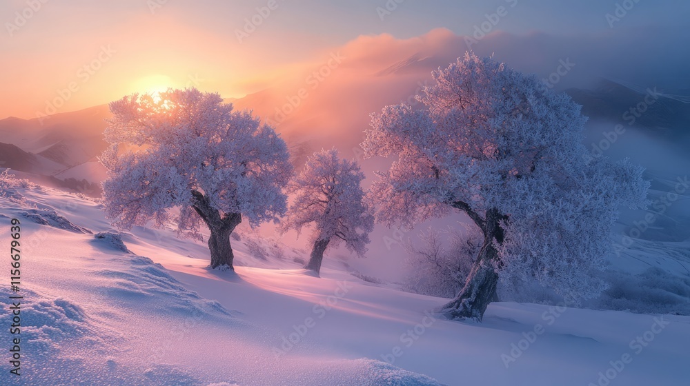 Poster frosty trees and snow-covered mountains at sunrise creating a serene winter landscape with soft past