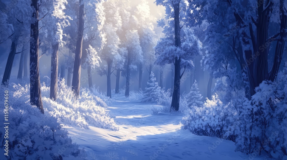 Poster frosty trees in a serene snowy forest creating a tranquil winter landscape with soft light and prist