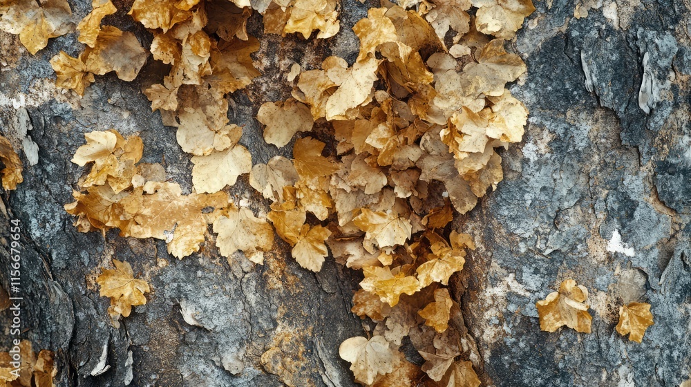 Poster textured tree trunk adorned with golden leaves and lichen creating a natural abstract background for design and artistic projects