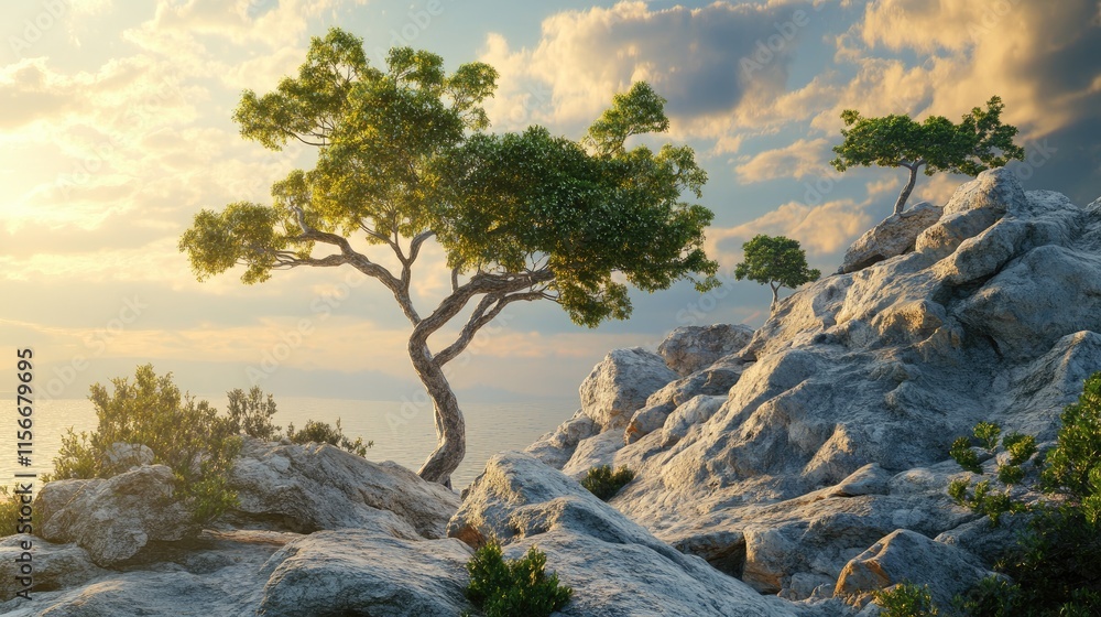 Poster serene landscape of trees growing on rocky terrain under bright sunlight with a scenic backdrop of c