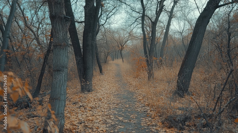 Aufkleber Autumn forest path lined with leafless trees creating a tranquil atmosphere in a serene natural setting during the fall season.