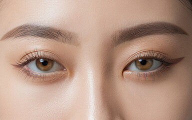 Fototapeta premium Close-Up of Woman's Light Brown Eyes, Clear and Calm Expression, Long Defined Eyelashes with Mascara, Smooth Skin, Subtle Makeup with Eyeshadow and Eyeliner, Elegant and Detailed Eye Portrait