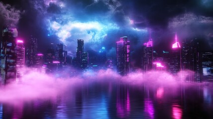 Futuristic cityscape with vibrant neon lights.