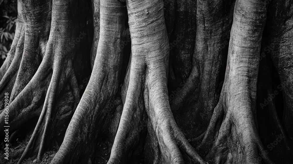 Aufkleber textured tree trunks in monochrome showcasing nature's intricate details and patterns in a serene fo