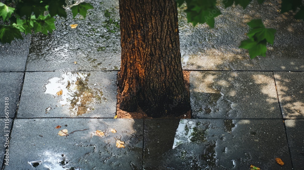 Poster close-up of a tree trunk on a concrete sidewalk with water puddles and green foliage reflecting the 