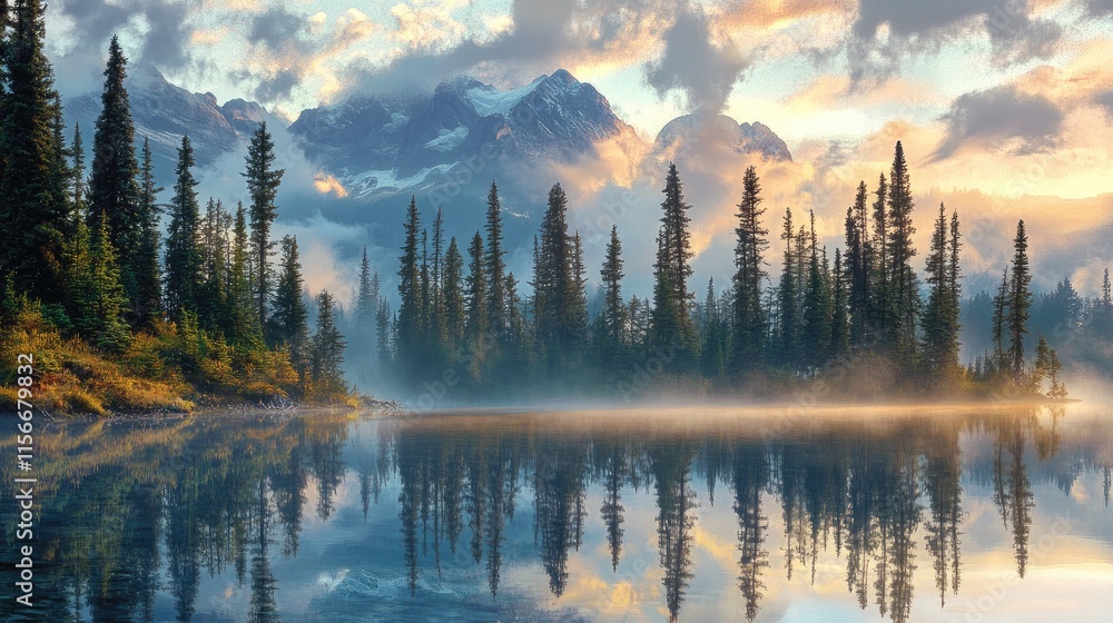 Poster serene lake with trees reflecting at sunrise amidst majestic mountains and colorful clouds in a tran