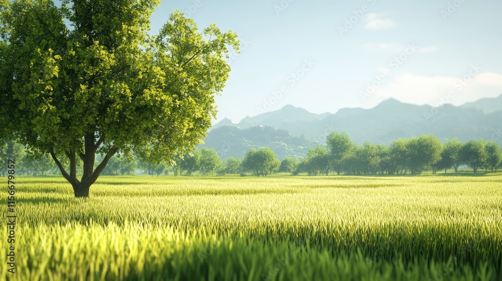 Aufkleber lush green trees in tranquil rice fields under a soft sky with distant mountains creating a serene a