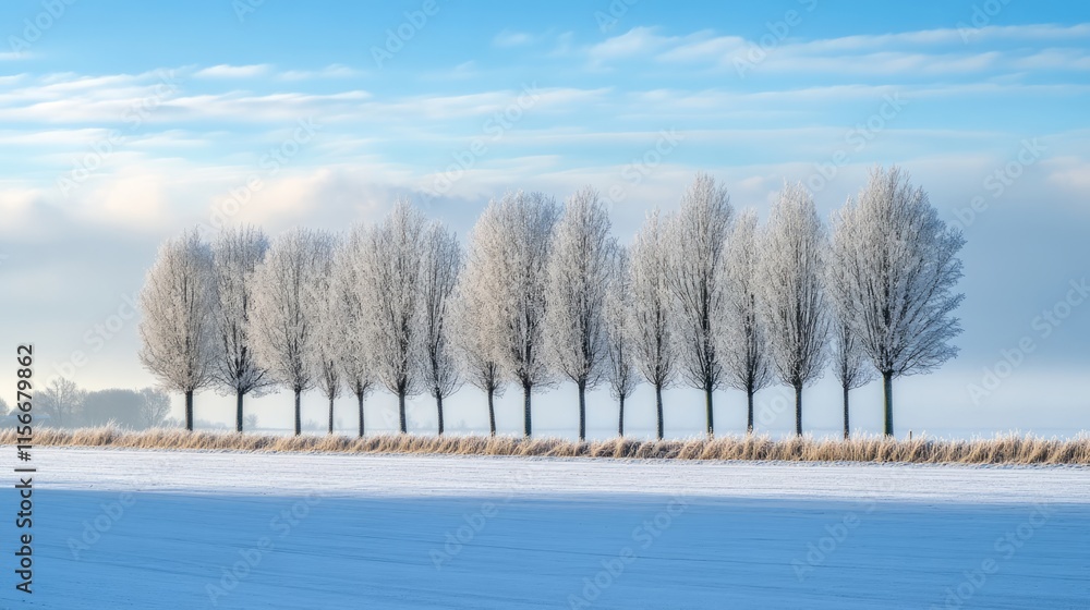 Poster winter landscape with snow-covered trees lining a serene field under a blue sky with soft clouds and