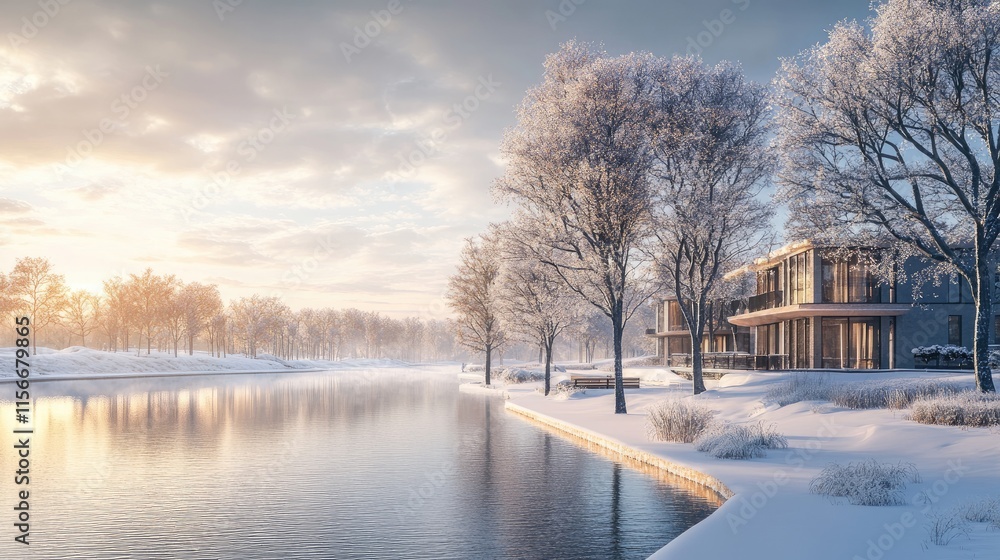 Poster winter landscape featuring frosty trees by a serene river under a soft sunrise with modern architect