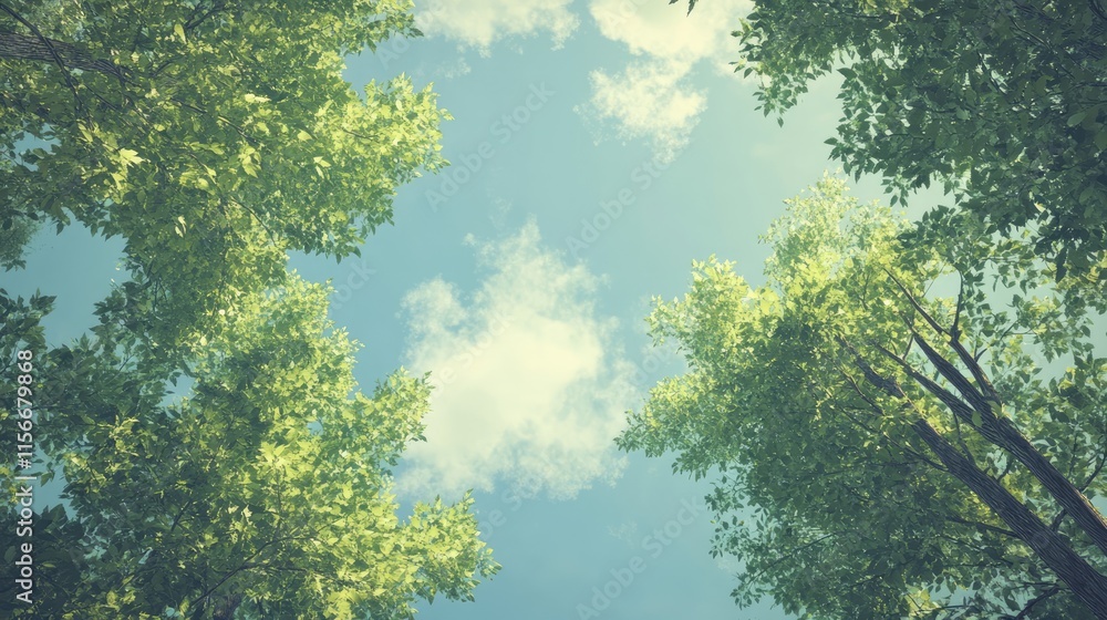 Poster canopy of green trees against a bright blue sky with soft clouds above in a tranquil natural setting