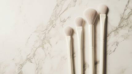 A soft, neutral background with a subtle marble texture, showcasing minimalist makeup brushes and beauty products, perfect for beauty bloggers or skincare brands.

