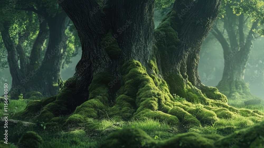Poster moss covered trees in a lush forest creating a serene and mystical atmosphere for nature lovers and 