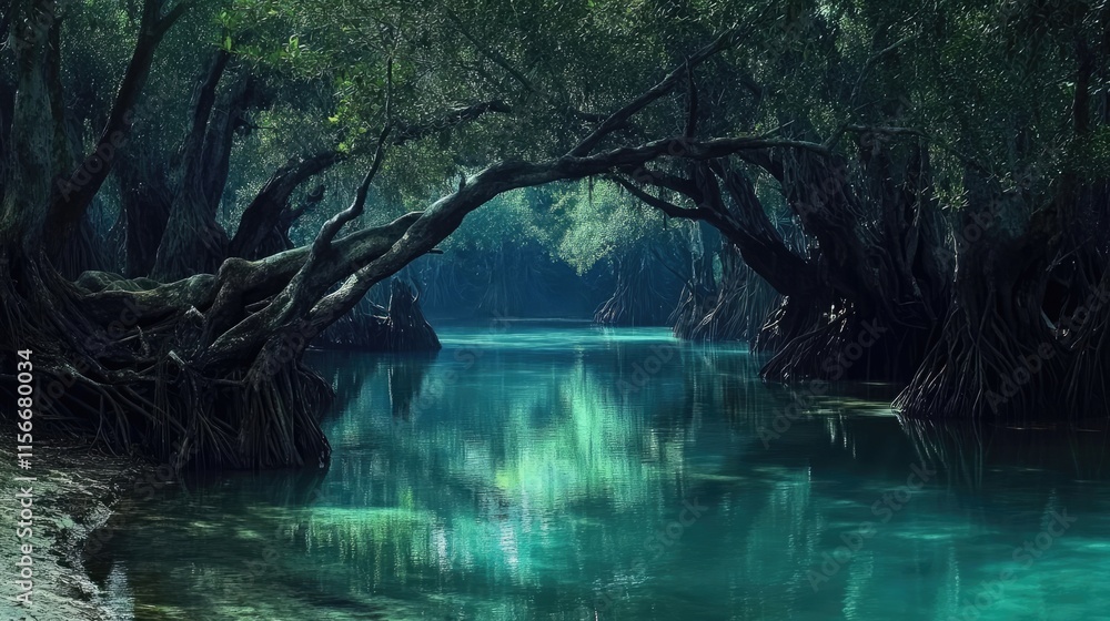 Poster mysterious mangrove forest with arching trees reflective in calm fresh water creating a serene natur