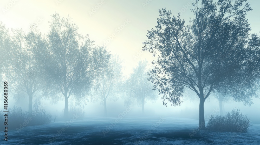 Aufkleber Mystical winter landscape with fog enveloping trees on a serene frosty morning creating a tranquil and atmospheric scene
