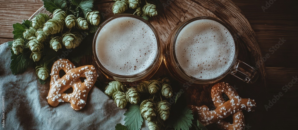 Poster two frothy beer mugs with hops and pretzels arranged on linen cloth over a rustic wooden table showc