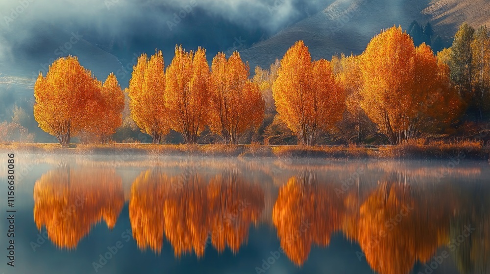 Poster autumn trees reflecting in calm waters surrounded by misty mountains and vibrant foliage in a serene