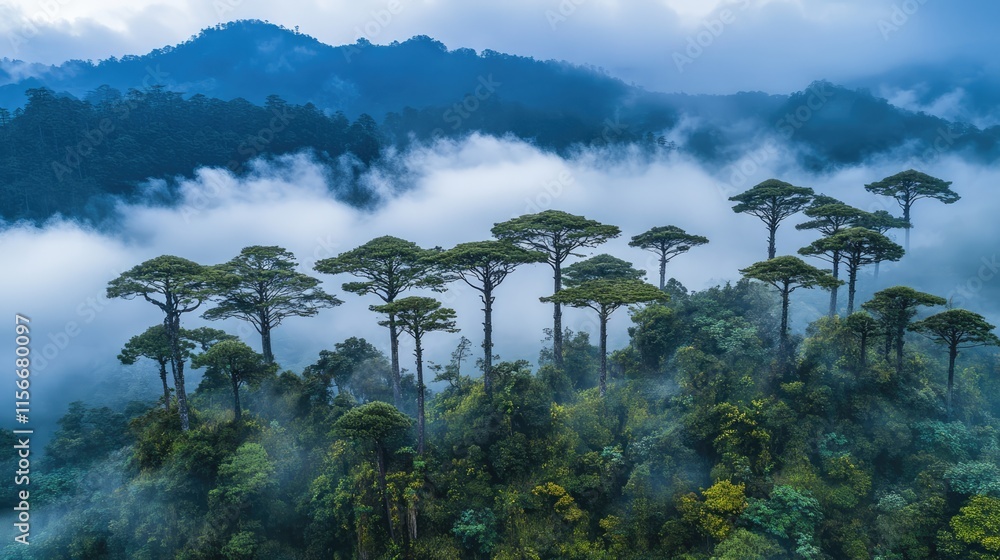 Poster cypress trees in a misty cloud forest showcasing the beauty of nature and biodiversity in a protecte