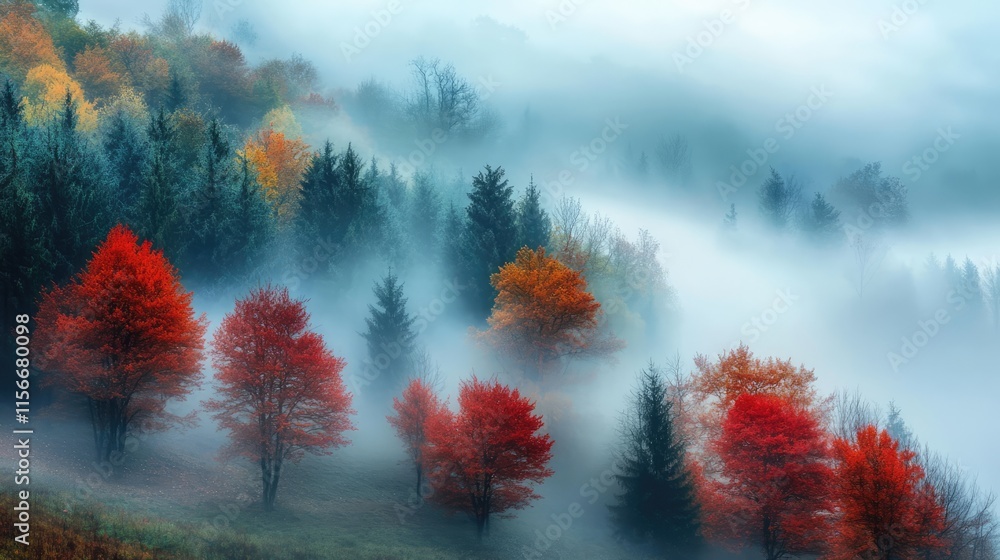 Poster Autumn forest landscape with colorful trees in fog creating a mystical atmosphere and serene nature scene in vibrant hues