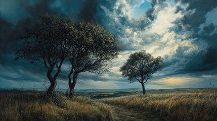 Fototapeta premium Moorland landscape with dramatic sky and silhouetted trees under moody atmospheric conditions at dusk.