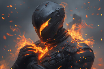 Fiery Robotic Warrior: A Digital Painting of a Futuristic Knight Engulfed in Blazing Embers
