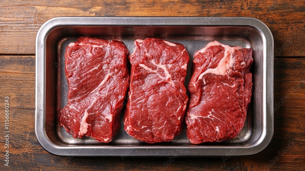 Poster raw tri tip beef steaks in a stainless steel tray on a rustic wooden surface top view culinary displ