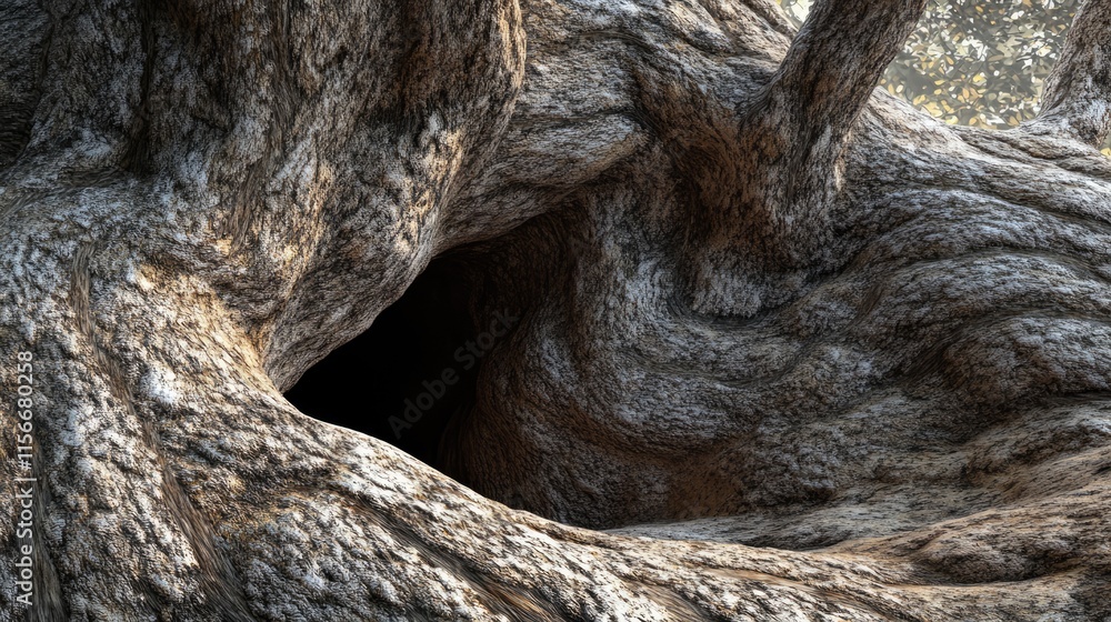 Poster Intricate close-up of a gnarled tree trunk showcasing textured bark and natural formations in a deep forest setting