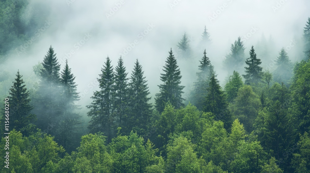 Poster Misty forest landscape with evergreen trees shrouded in fog creating a serene and tranquil atmosphere in nature