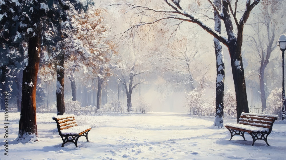 Poster Winter park scene with trees benches and fog creating a serene atmosphere on a snowy day