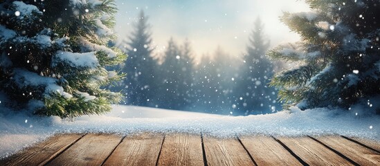 Snowy forest landscape with wooden plank foreground and gentle sunlight creating a serene winter atmosphere