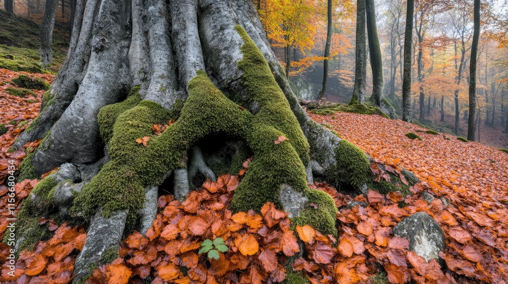 Poster Tree trunk enveloped in ivy and moss surrounded by autumn leaves in a serene forest setting